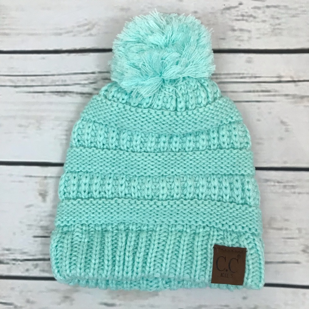 Kids Mint Green Cable Knit Pom Pom Beanie - Picture 2 of 5